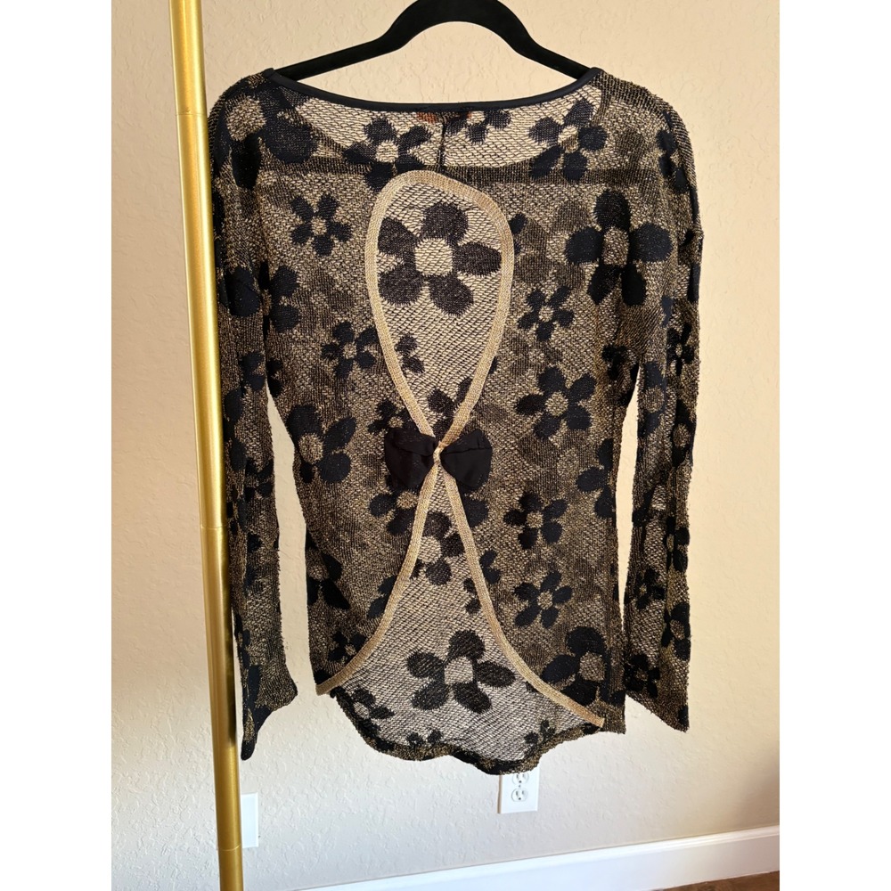 MZV Floral Sheer‎ Metallic Knit Open Back Bow Top M Going Out Holiday Glam